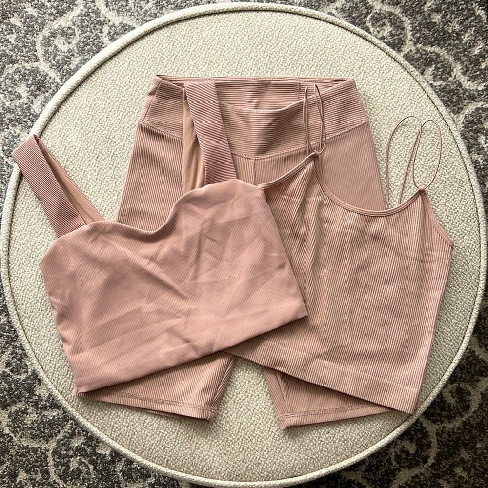 Dynamite 3 piece bundle ribbed biker shorts 2 crop tank tops blush pink beige